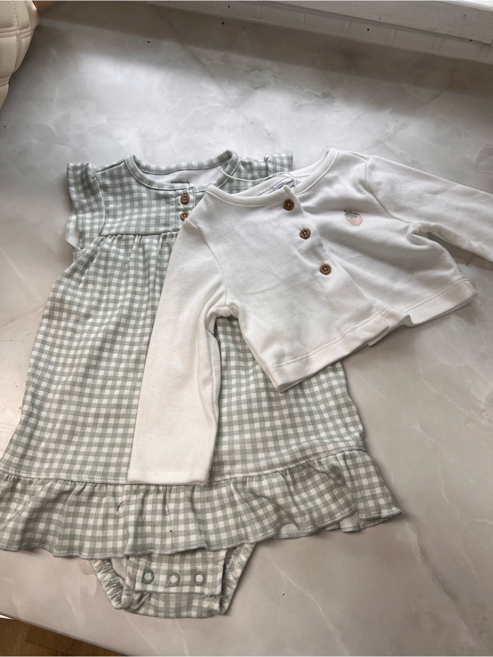 Gingham Ruffle Baby Dress & White Button Cardigan Set